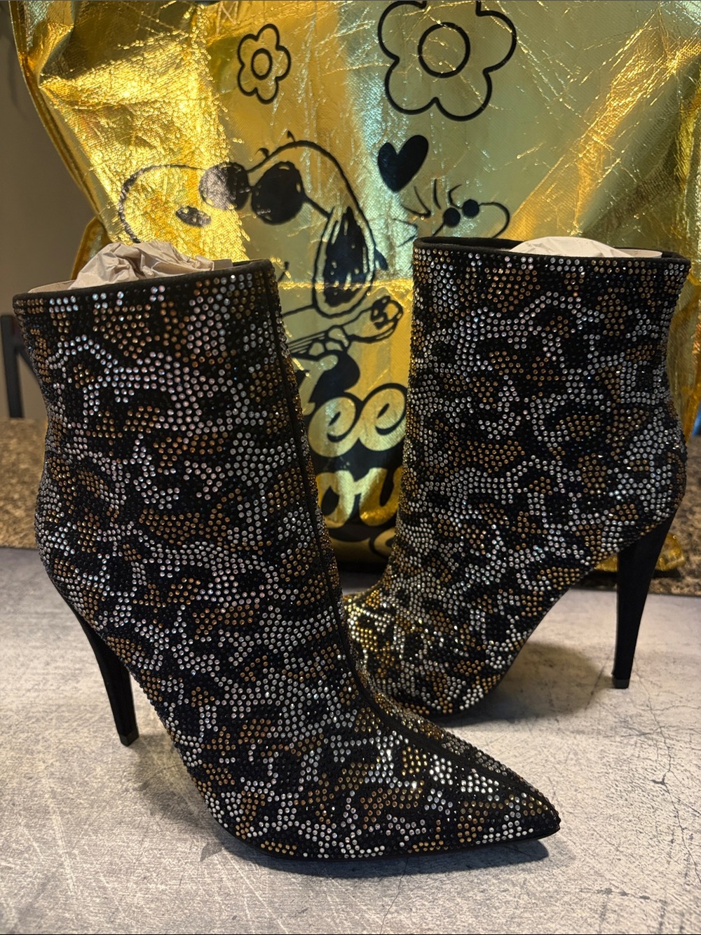 Shoe Dazzle Black and Gold Crystal Leopard-Print Ankle Booties